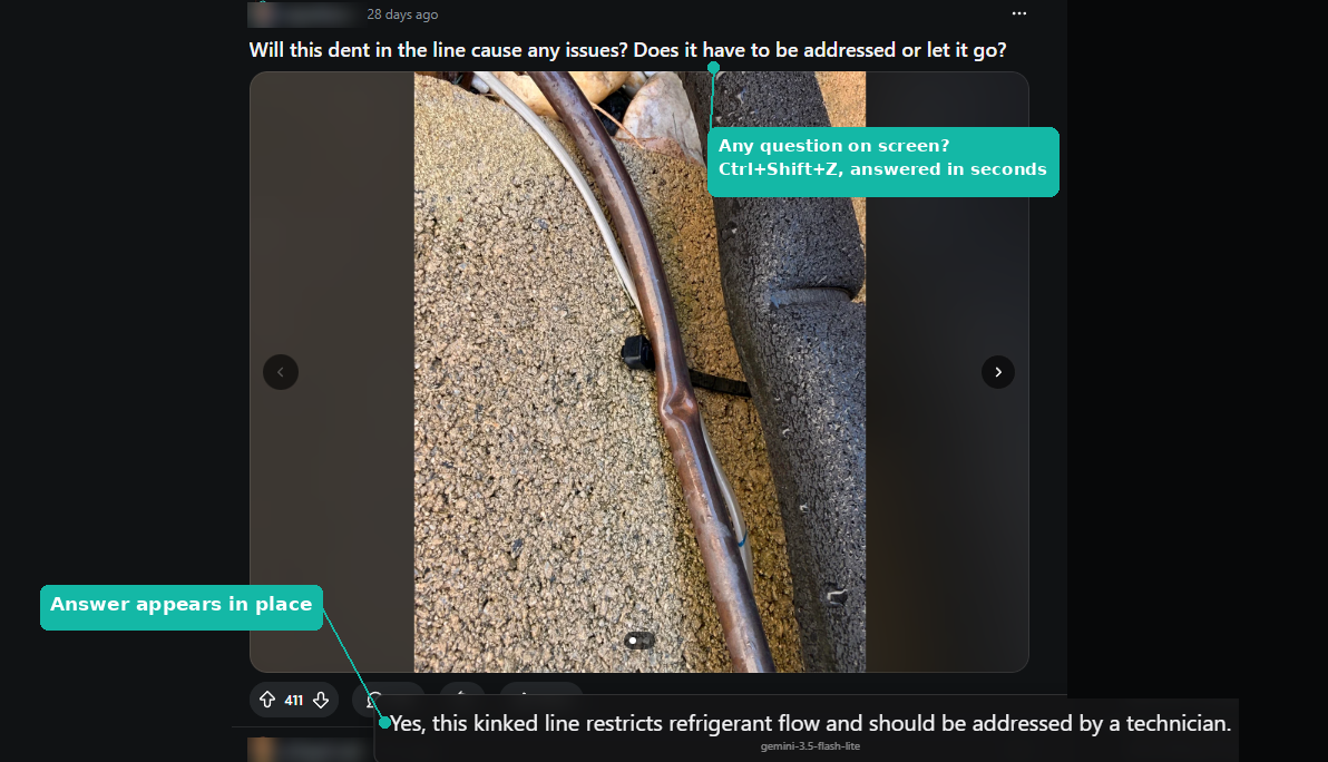 Stratakeep answer bubble appearing over a photo of a kinked refrigerant line