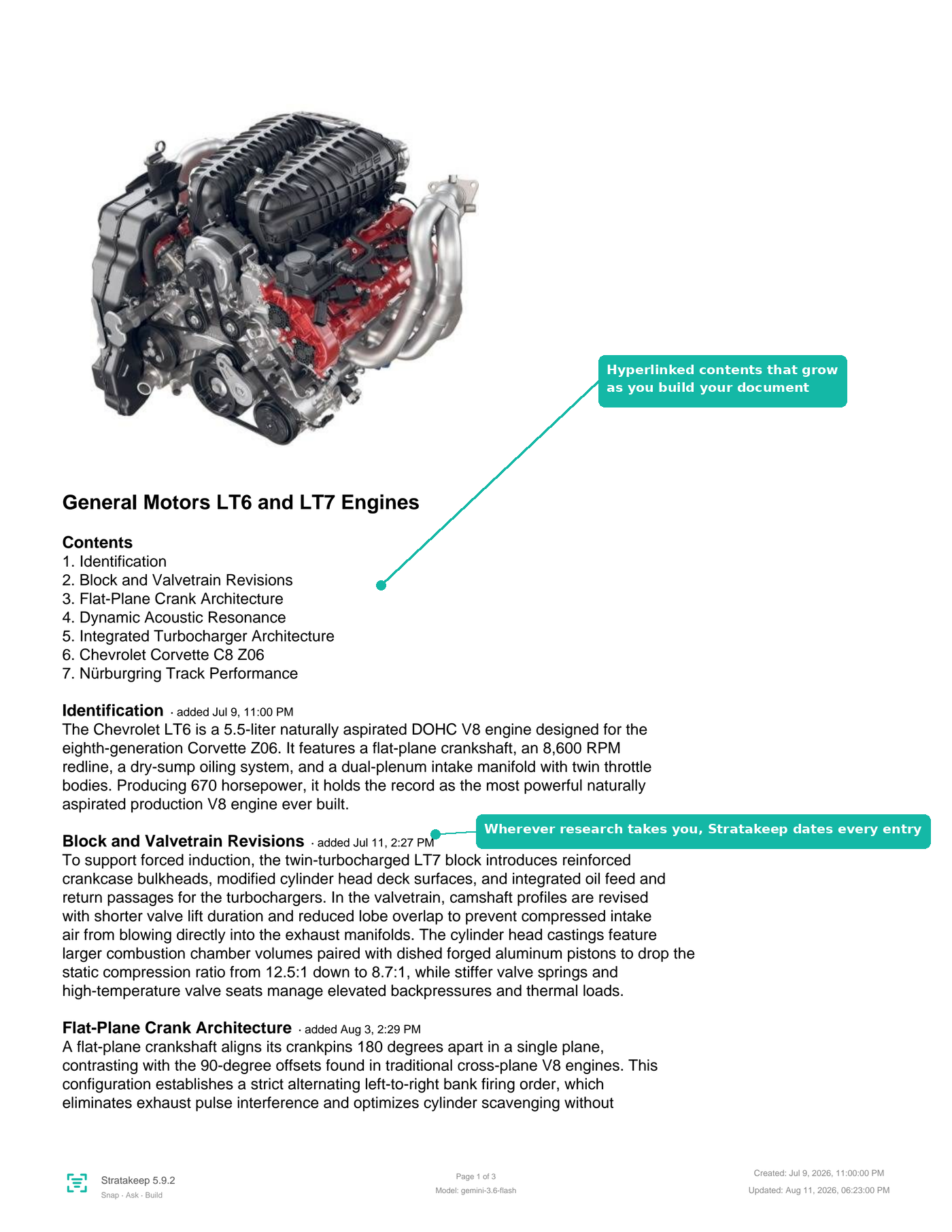 Stratakeep evolving PDF document with dated sections about the GM LT6 engine