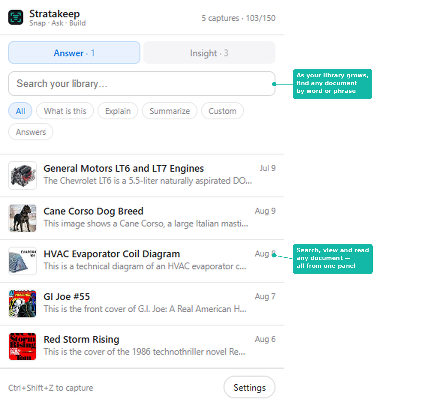 Stratakeep library panel showing searchable captures including engines, dog breeds, and comics