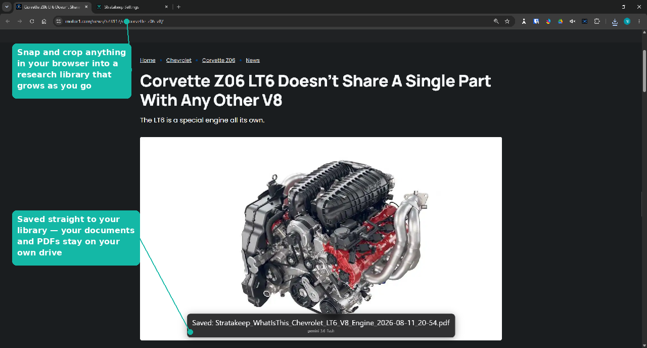 Stratakeep saving a capture of a Corvette engine article as a local PDF