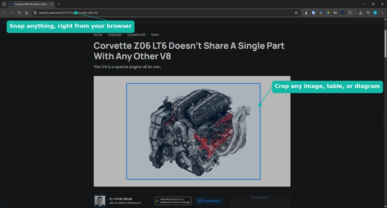 Stratakeep crop box drawn around an engine diagram on a webpage